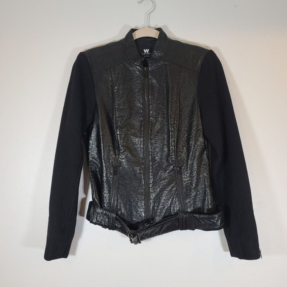 Worth Faux Crinkle Patent Leather Body Wool Blend Sleeves Black Belted Jacket 2‎